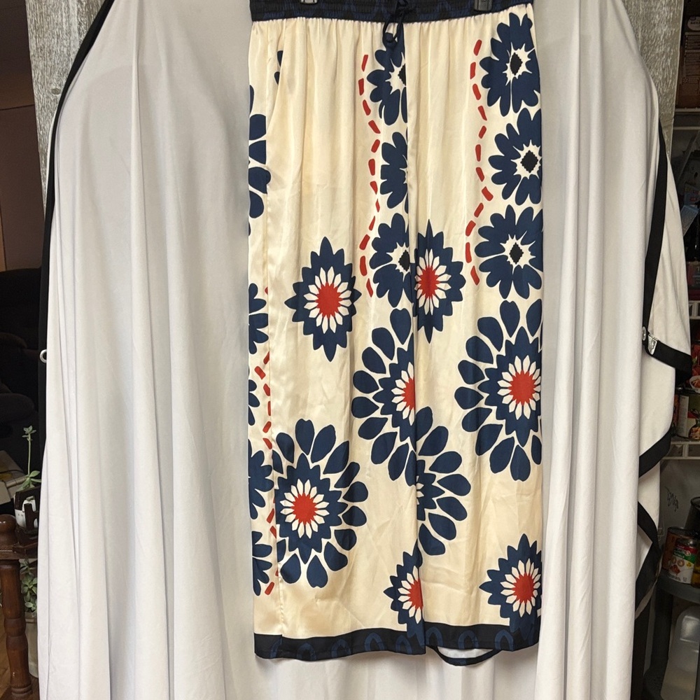 Skies Are Blue Cream Pants with Navy and Red Floral Design